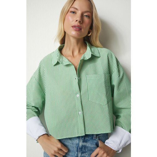 Happiness İstanbul Women's Green Pinstripe Crop Shirt Slike
