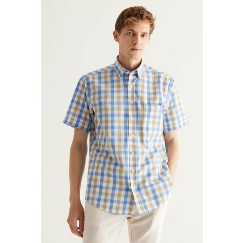 AC&Co / Altınyıldız Classics Men's White-mink Comfort Fit Comfy Cut. Concealed Button Collar Checkered Cotton Short Sleeve Shirt. Slike