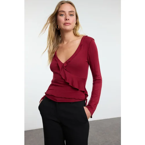 Trendyol Claret Red Wrap Knitwear Look Spanish Sleeve Regular Pattern Knitted Blouse