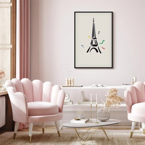  Slika - Black Graphic Drawing of the Eiffel Tower on a Cream Background 40x60 U crnom drvenom okviru Slike