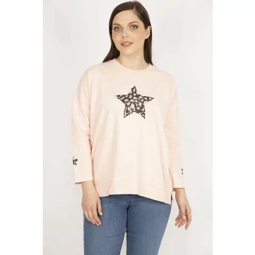 Şans Women's Pink Plus Size Sequin Detail Sweatshirt