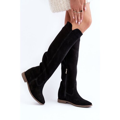 Zazoo 3407 Suede Knee-High Boots with Flat Heel Black Cene