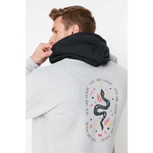 Trendyol Grey Oversize/Wide Cut Hooded Text Printed Fleece/Warm Sweatshirt