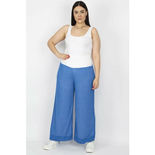 Şans Women's Plus Size Blue Corsage Belt Detailed Lined Knitted Fabric Trousers Slike