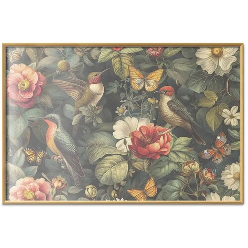  Plakat Flowers Birds and Butterflies - vintage-style illustration 30x21 Zlatni okvir Slike