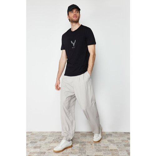 Trendyol Men's Black Regular/Normal Cut Deer Embroidered 100% Cotton T-Shirt Slike