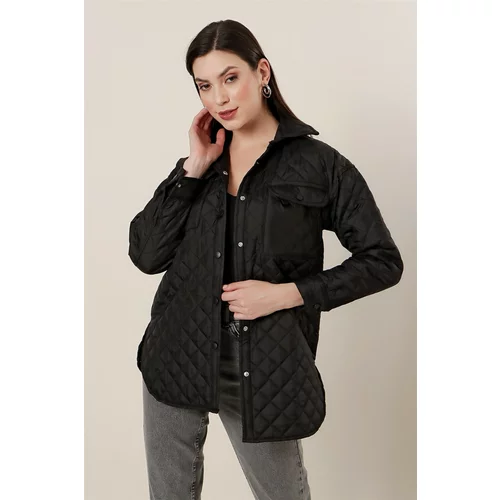 By Saygı Pockets with Snap Fastener, Checkered Patterned Quilted Coat Black