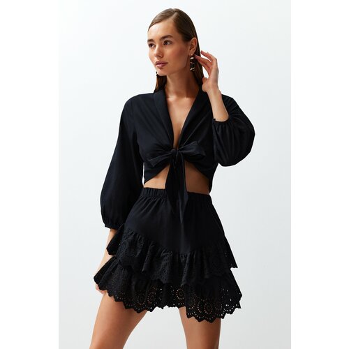 Trendyol Black Mini Woven Ruffle 100% Cotton Skirt Slike