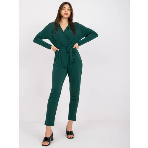 Fashion Hunters Dark green jumpsuit with an envelope Serafini neckline
