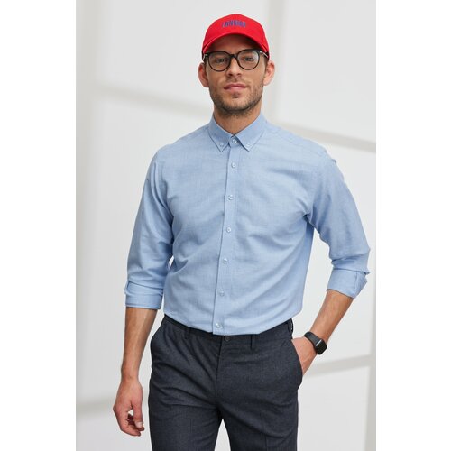 AC&Co / Altınyıldız Classics Men's Light Blue Comfort Ft Relaxed Cut Button Collar Cotton Dobby Linen Shirt Cene