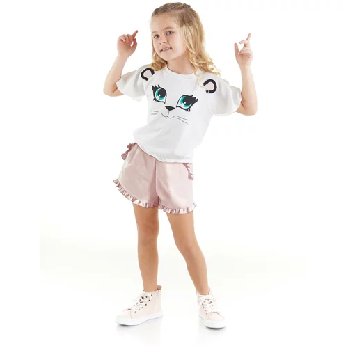 Denokids Cotton Girls' White T-shirt with Pink Ruffled Shorts Set.
