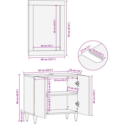 VidaXL set namje&amp;scaron;taja za kupaonicu od 2 dijela čvrstog drveta manga, kabinet za umivaonik 62x33x58 cm čvrsto drvo manga, ogledalo 50x70x3 cm čvrsto drvo manga Slike