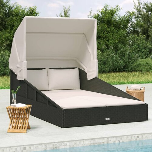 LEŽAJ za sunčanje s krovom crni 200 x 114 x 128 cm poliratan Cijene