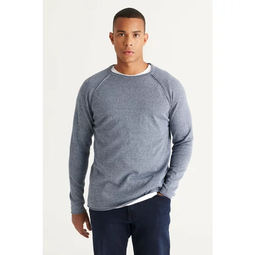 AC&Co / Altınyıldız Classics Men's Indigo-Ecru Recycle Standard Fit Regular Cut Crew Neck Cotton Mulinee Patterned Knitwear Sweater.