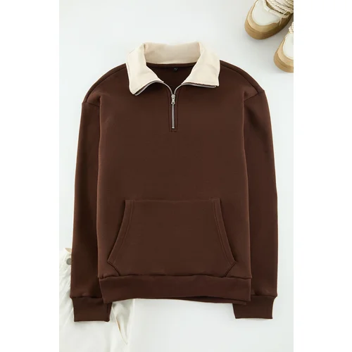 Trendyol Brown Oversize/Wide Cut Stand Collar Thick Sweatshirt