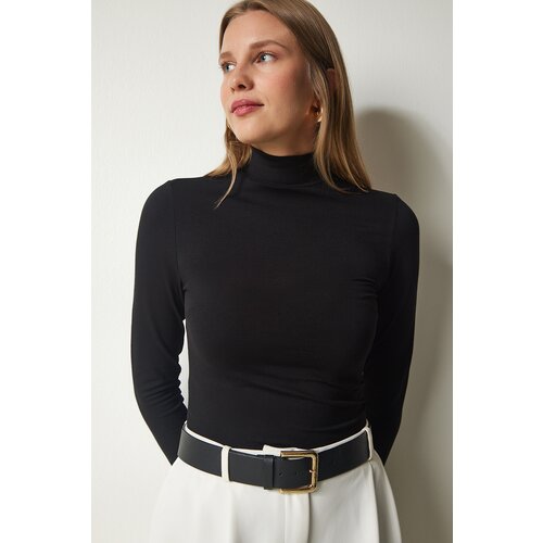  Women's Black High Neck Wrap Elastic Knitted Blouse Cene