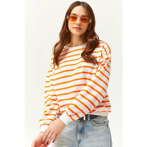 Olalook Women's White Neon Orange Basic Soft Textured Loose Sweatshirt Slike