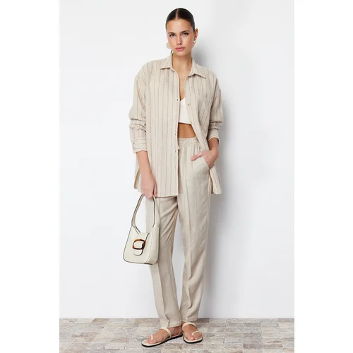 Trendyol Beige Striped Oversize Linen Look Woven Shirt