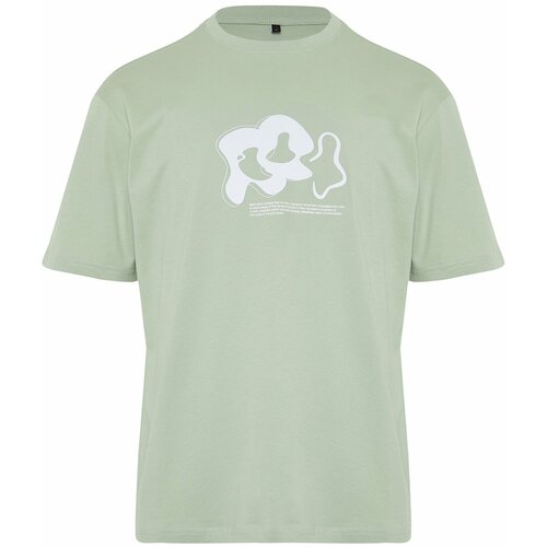 Trendyol Mint Relaxed 100% Cotton T-shirt with Reflector Print Cene