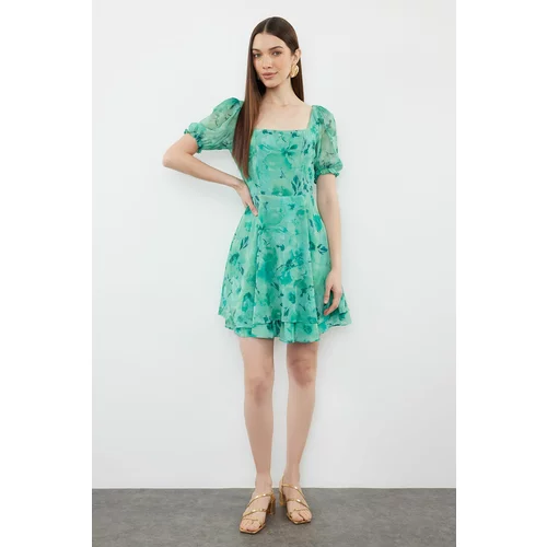 Trendyol Green Patterned Waist Opening Mini Lined Chiffon Woven Dress