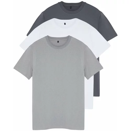 Trendyol Anthracite-Grey-White Men's Regular/Normal Cut 3 Pack Basic 100% Cotton T-Shirt