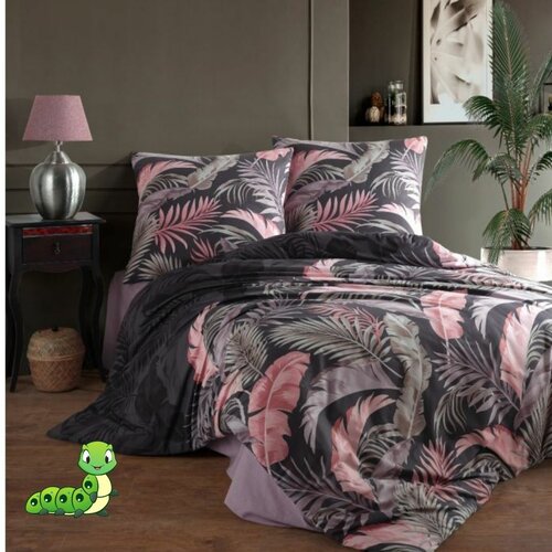 Gusenica posteljina od pamučnog šifona crna sa roze sivim liskama - bez čaršafa Slike