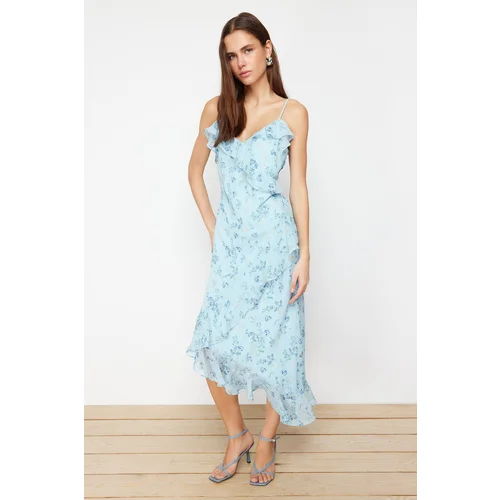 Trendyol Blue Floral Ruffle A-line Chiffon Lined Maxi Woven Dress