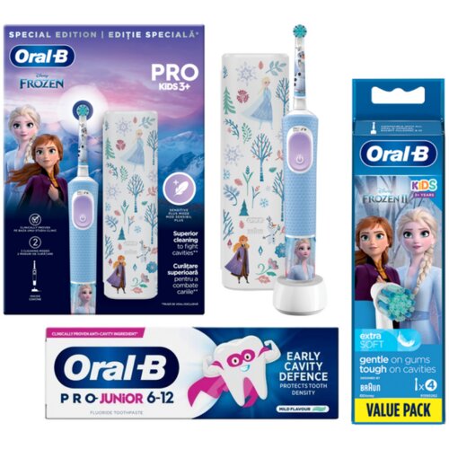 Oral-b kids frozen set za decu - električna četkica sa kutijom + zamenski nastavci 4 kom + pro junior pasta za zube Slike