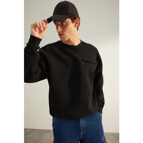 Trendyol Black Men's Oversized Crew Neck Long Sleeve Zippered Pocket Detailed Sweatshirt with a Soft Pile inside. Slike