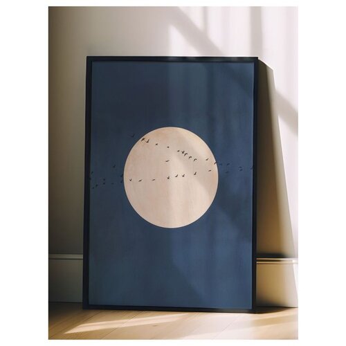 Wallxpert uramljena slika 115212, pun mesec i jato ptica na tamnoplavoj pozadini, 50 x 70 cm, crni ram Cene