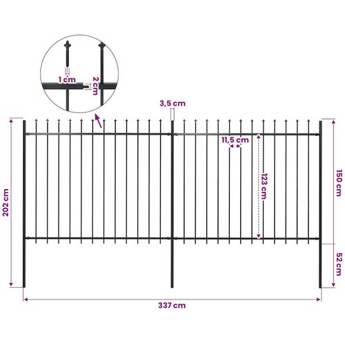  Vrtna ograda s vrhom koplja Čelik 337x150 cm Crna Slike