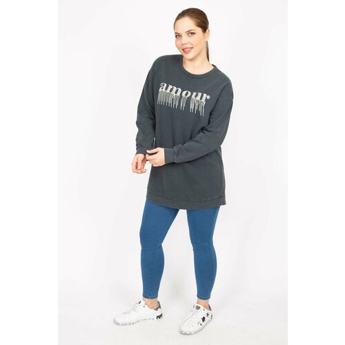 Şans Women's Smoky Plus Size Stone Detailed Sweatshirt Slike