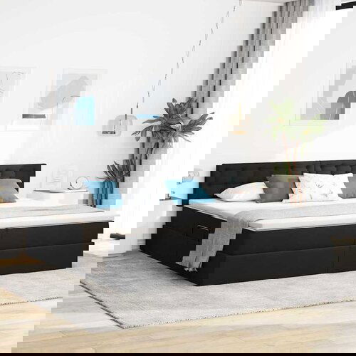 VidaXL Krevet S LED lampica s uzglavljem Crna 200 x 200 cm tkanina Slike