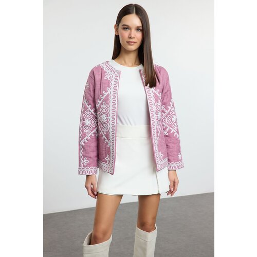 Trendyol Pink Regular Pattern Embroidered Detailed Lined Thin Jacket Coat Slike