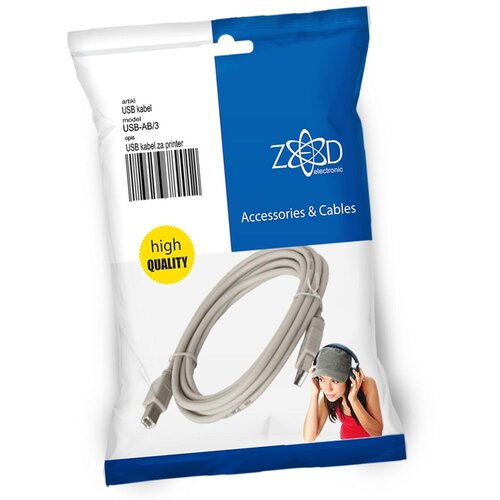 Zed Electronic USB kabl za printer, dužina 3.0 metra - USB-AB/3, Sivi Slike