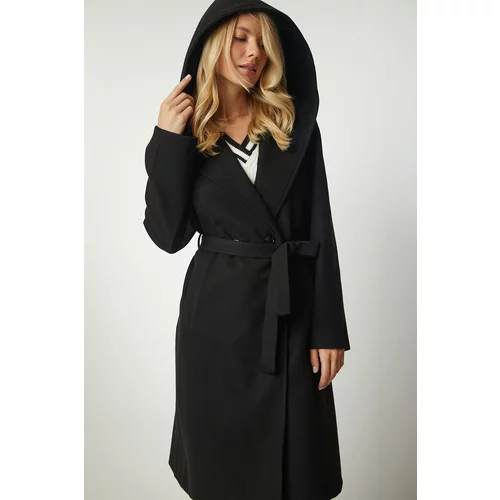 Happiness İstanbul Women's Black Hooded Belted Stamped Coat