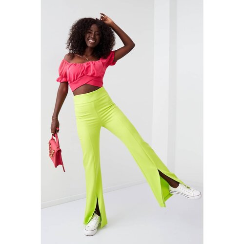 Fasardi Women's elegant pants with a slit in neon lime Slike