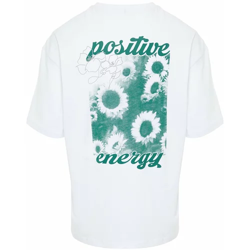 Trendyol White Men's Oversize/Wide Cut Crew Neck Flower Printed 100% Cotton T-Shirt