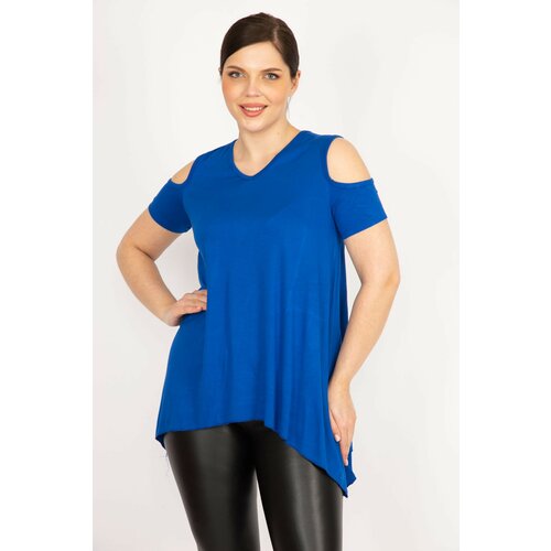 Şans Women's Saxe Blue Plus Size Decollete Asymmetric Cut Viscose Blouse Slike
