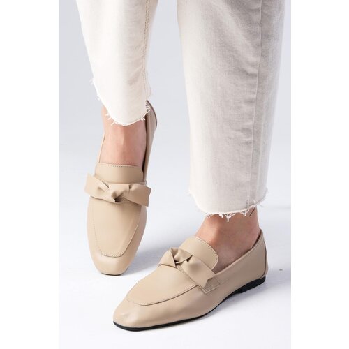 Mio Gusto Candy Genuine Leather Nude Bow Accessory Blunt Toe Women's Loafer Shoes Cene