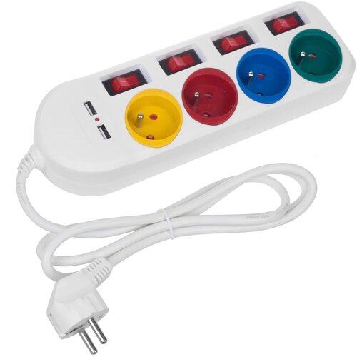 Maclean power strip, extender 4 sockets + 2xUSB, with switches, 250VAC /10A, 2.1A 5V, 1.5m, white, MCE229 W Cijene