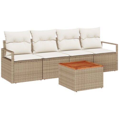 VidaXL 5-dijelni vrtni sofa set s jastučićima Bež poli ratan akacija, 2-sjedna vrtna sofa s jastučićima Bež poli ratan Slike