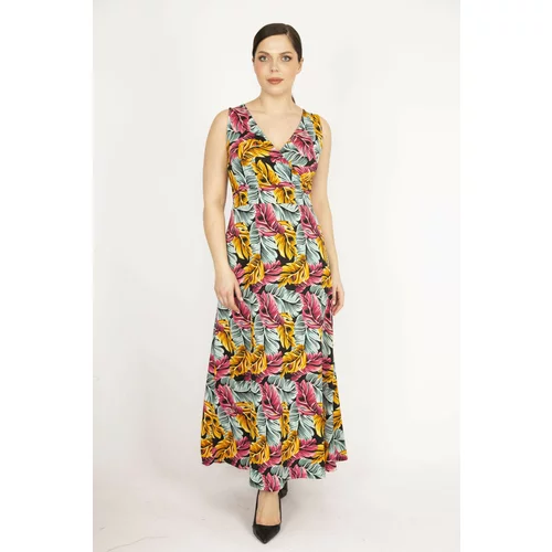Şans Women's Colorful Plus Size Multicolored Long Dress with Wrapped Neck