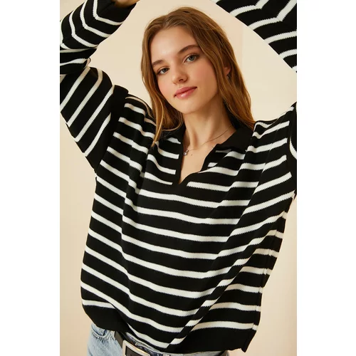 Happiness İstanbul Women's Vivid Black Polo Collar Crop Knitwear Sweater