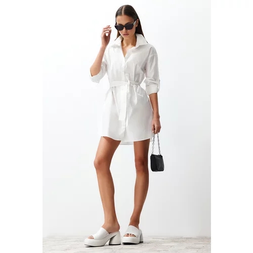 Trendyol White Belted 100% Cotton Mini Woven Shirt Dress