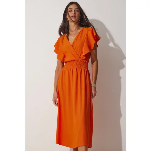 Happiness İstanbul Women's Orange Ruffle Textured Knitted Dress