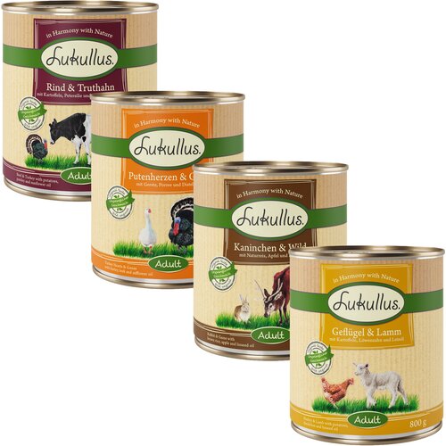  Ekonomično pakiranje Lukullus 24 x 800 g - Perad i janjetina, pureća srca i guska, kunić i divljač, govedina i puretina Cijene