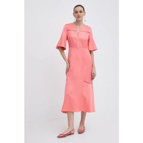 Boss Obleka iz mešanice lana roza barva, 50512807