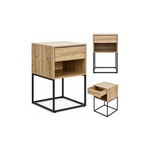 ModernHome GIC-NST65-15 &amp;ndash; Noćni ormarić s ladicom i policom, 40 &amp;times; 38,5 &amp;times; 64,5 cm, svijetli hrast/crna Slike