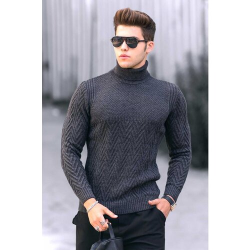 Madmext Anthracite Turtleneck Knitted Patterned Sweater 4655 Slike